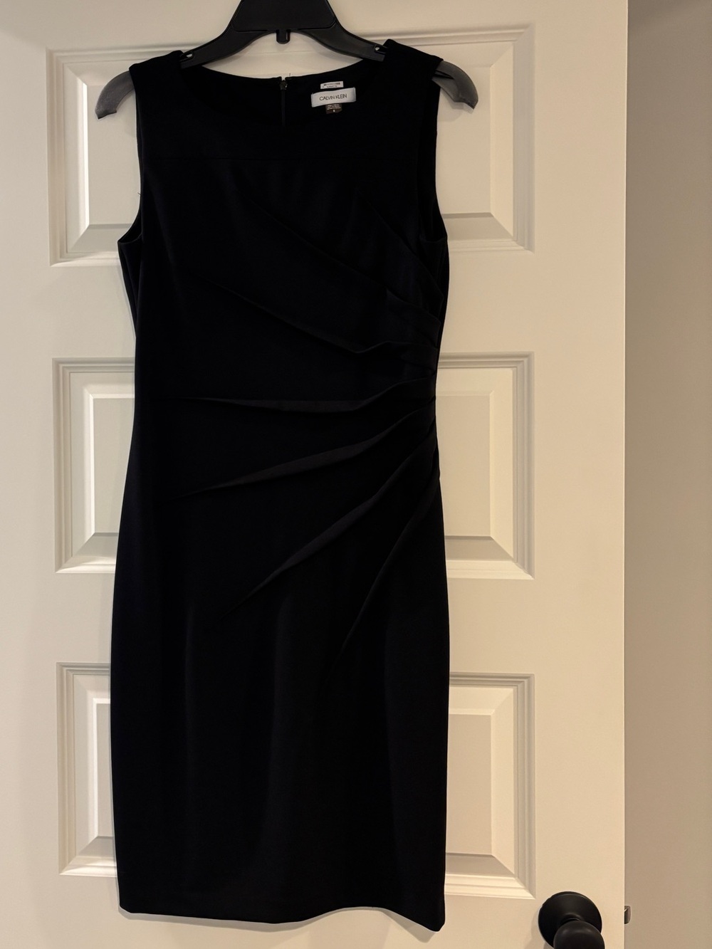 Calvin Klein Black Sleeveless Midi Sheath Dress with Side Draping